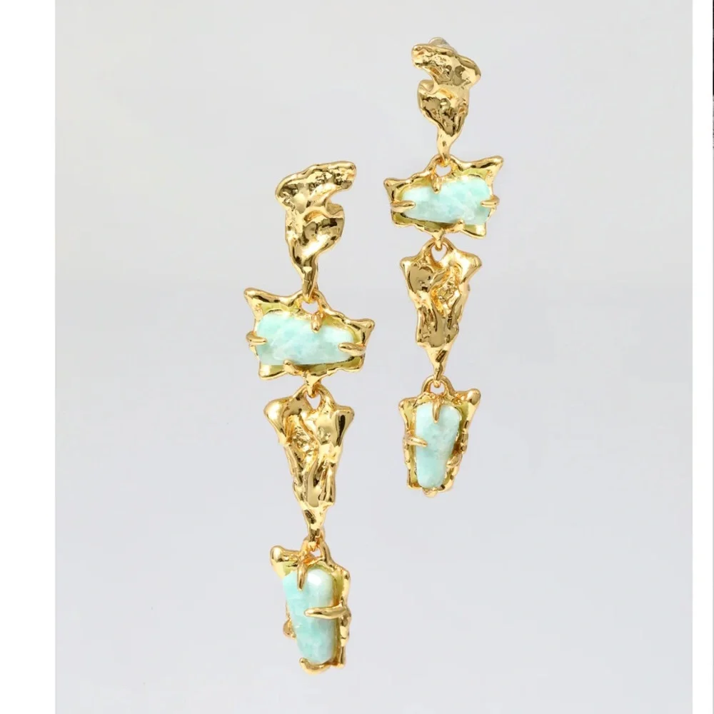 ALEXIS BITTAR • Brut Crumpled Gold Tumbled Green Blue Gemstone Drop Earrings